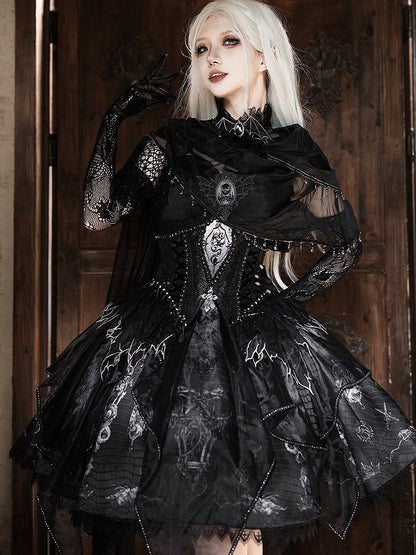 Black & Gray Bone Dragon Embroidery Halter Neck Gothic Lolita Dress Set - Ying Luo Fu