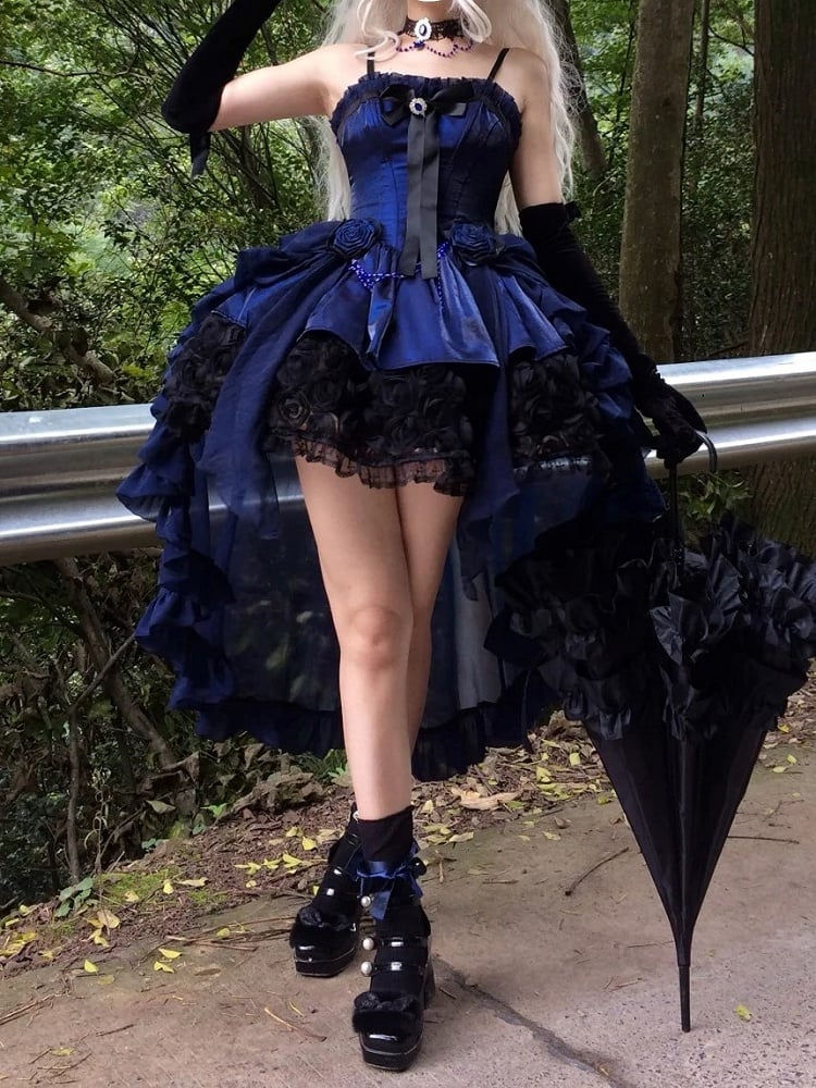 Dress Boned Bouquet Strapless Hem Black Gothic Rose Lolita with Blue