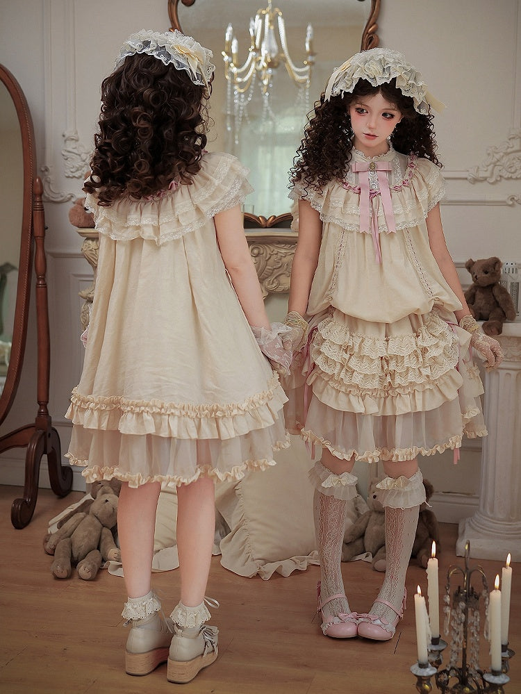 Beige Rosette Jacquard Lolita OP Dress with Layered Ruffles - With PUJI