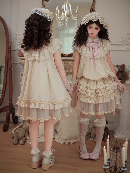 Beige Rosette Jacquard Lolita OP Dress with Layered Ruffles - With PUJI