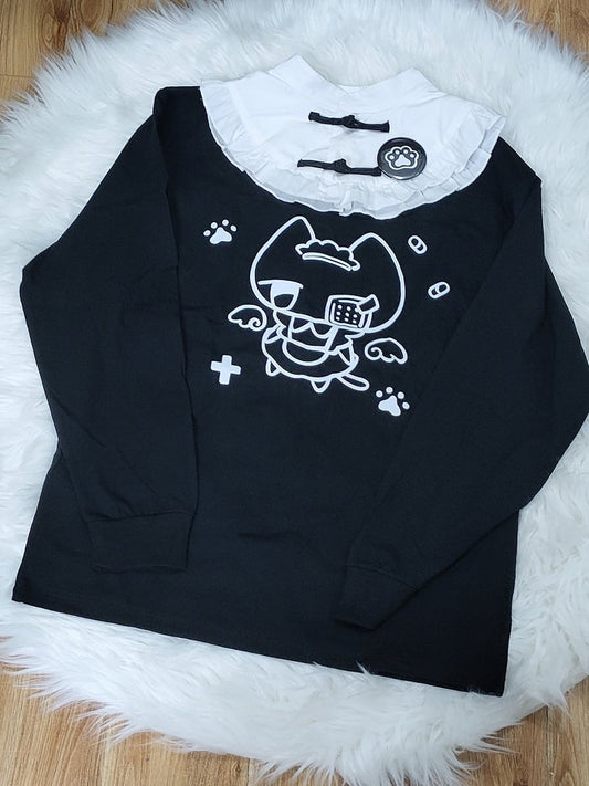 with Collar Kitten Sweatshirt and Print Frog Button Style Detachable Angelic Cheongsam Blue/Black Landmine