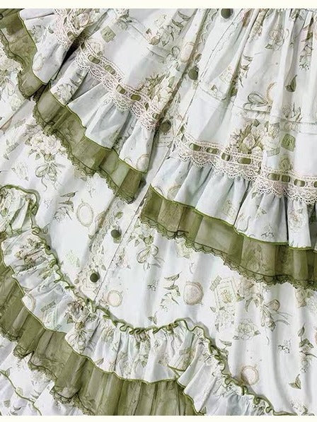 Floral Pink/Green Ruffled Tiered Skirt Lolita JSK Gown with Jasmine Embroidery - ZHIJINYUAN