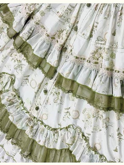 Floral Pink/Green Ruffled Tiered Skirt Lolita JSK Gown with Jasmine Embroidery - ZHIJINYUAN