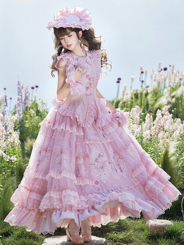 Pink Lolita Flower Accents Ruffled Flat Hat - Misty Isle Letter