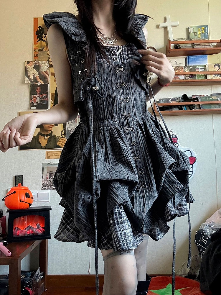 Dark Gray Plaid Fake Two-Piece Sleeveless Bubble Dress - Blazed Field