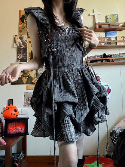 Dark Gray Plaid Fake Two-Piece Sleeveless Bubble Dress - Blazed Field