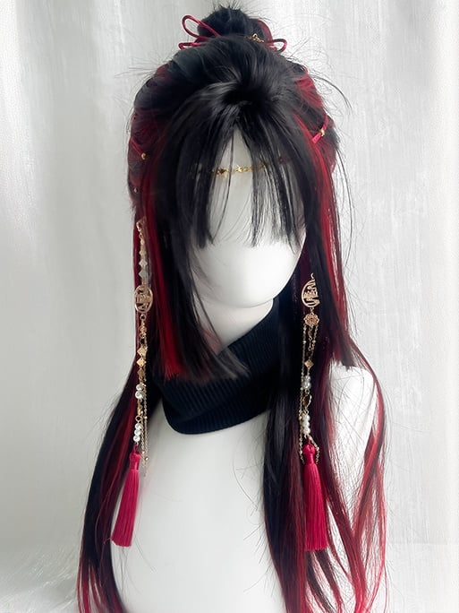 Black and Red Highlights Long Straight Synthetic Wig With Air Bangs