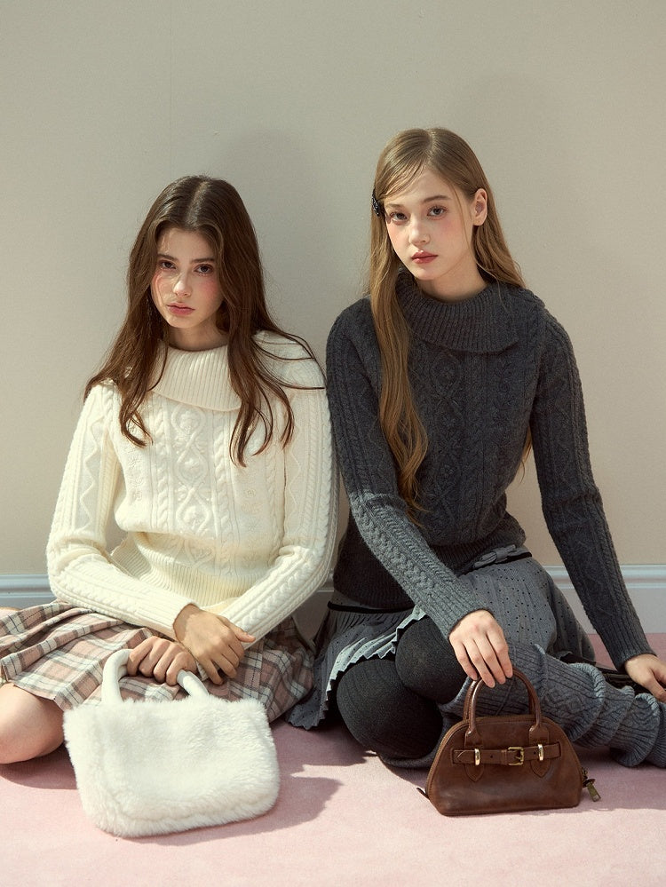 Elegant Sweater Cable Mock White Knit Vintage Neck