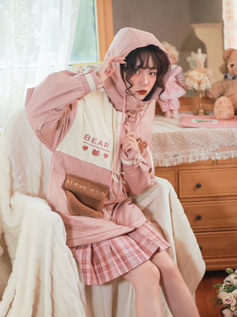 Blue/Pink Colorblock Jacket Plush Zip-Up Padded with Hood Teddy Patch