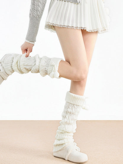 Warmers 4-Color Knit with Detail Cable Leg Pom-Pom