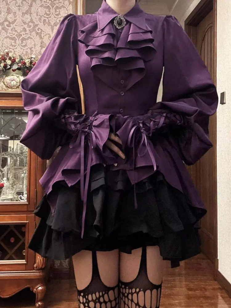 Purple Gothic Ouji Lolita Irregular Cascading Hemline Pointed Collar Long Sleeves Shirt