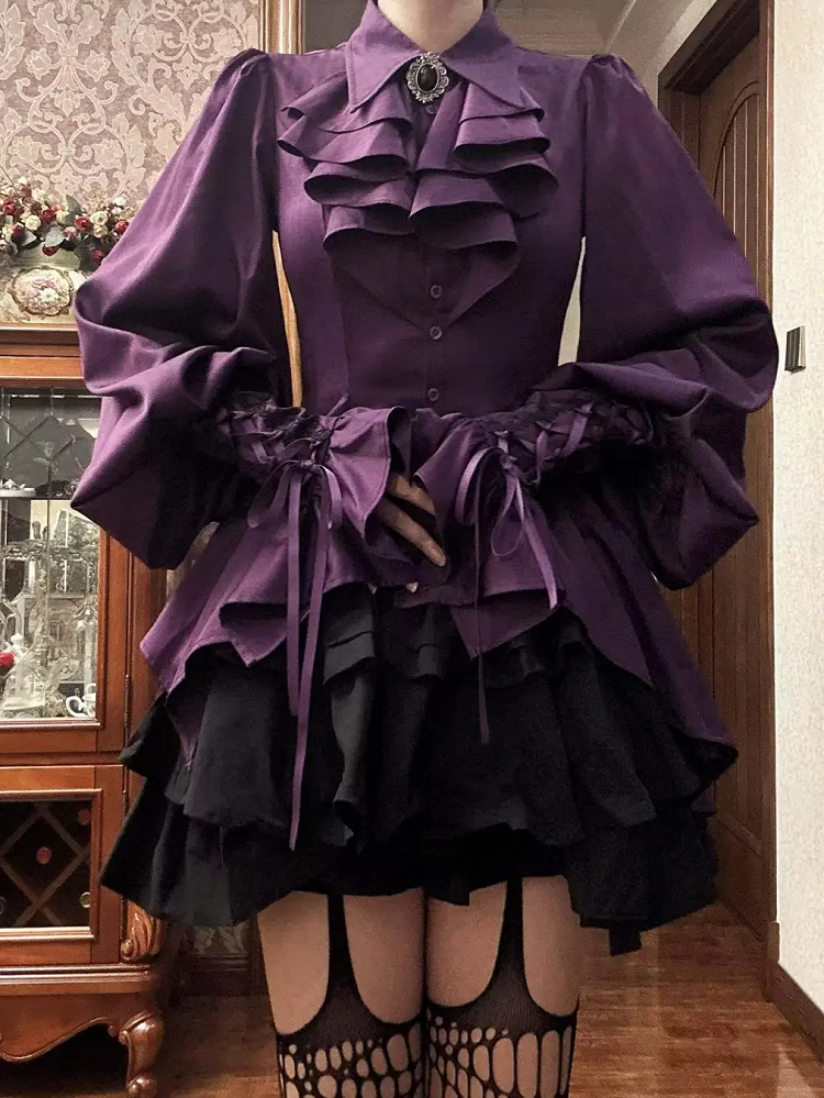 Foldover Hem with Shirt Purple Long Lolita Collar Cascading Irregular Ouji Sleeves