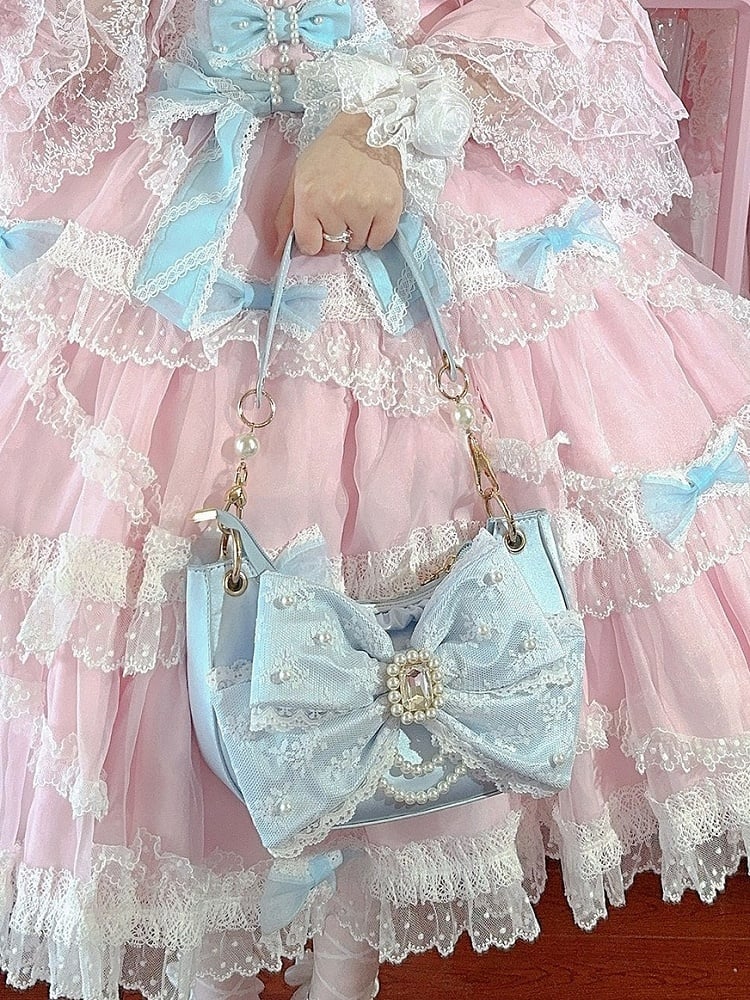 Blue Sweet Lolita Satin Underarm Bag with Crystal Bow - Sheep Puff Bag