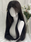 Black Tea 70CM Waist Length Straight Wig With Curtain Bangs