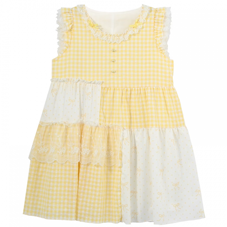 Plaid Dress Tiered Yellow Patchwork Design Flutter Sleeves Sweet