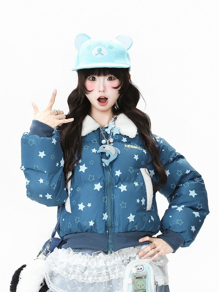 Blue Closure Off-white/Dark Pattern Blouson Star with Daily Kawaii Fleece-lined Jacket Zipper