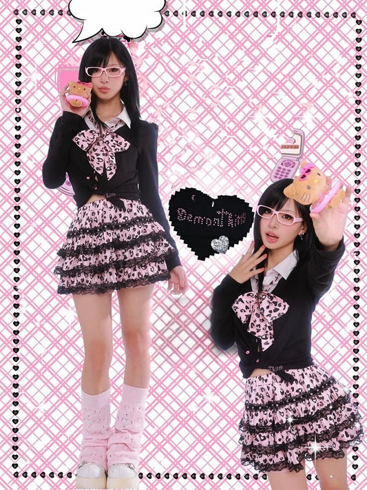 Gyaru Schleifenfreie Y2K-Stufenrock-Krawatte mit modischem rosa Leoparden-Spitzenbesatz