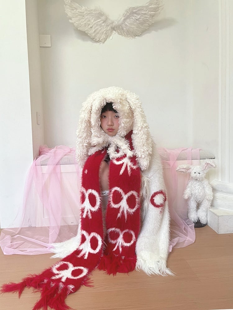 Long Fringe Scarf with Bow Pattern Festive Christmas Red