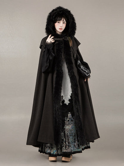 Witch Trim Cross with Fur Autumn for and Faux Winter Lolita Gothic Charms Black Cloak