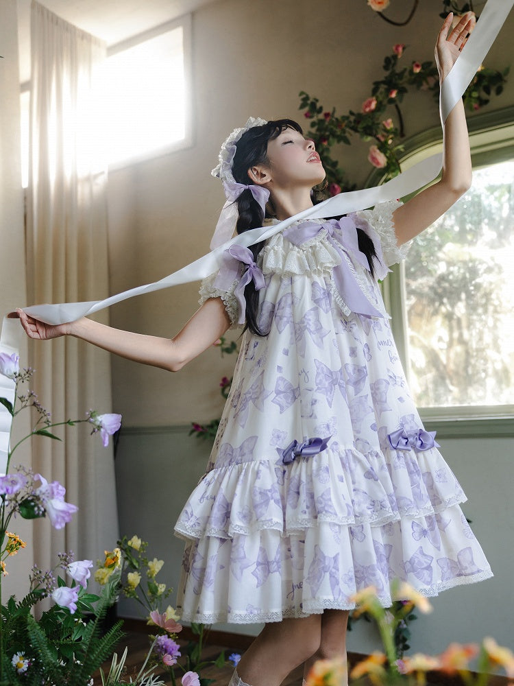 Purple Big Bowknot on Neckline Bows Print Double Layered Lolita Dress