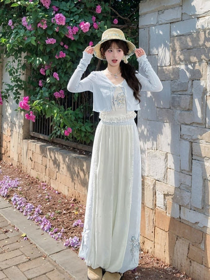 Version Cuffs Holiday Blue and White Colorblock Design Wide-Leg Pants Butterfly Embroidery Regular/Short