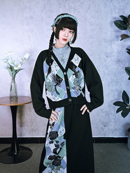 Knit Pattern Multi-Color Cardigan with Cheongsam Black Print V-Neck Jacquard Diamond Floral