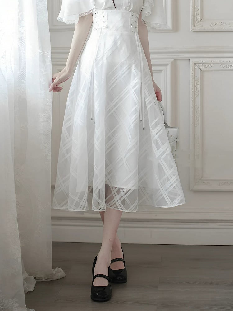 Lace-up High Waist Skirt with Plaid Clean Overlay Aesthetic White Innocent