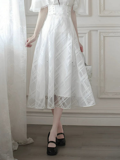 Lace-up High Waist Skirt with Plaid Clean Overlay Aesthetic White Innocent