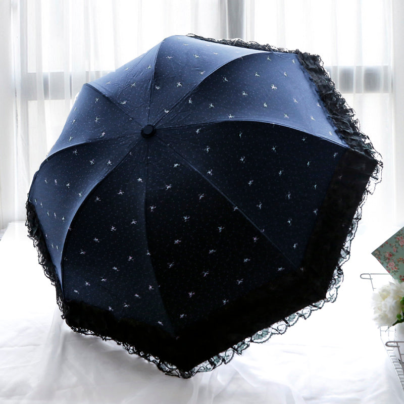 Navy blue folding Lolita umbrella with dark lace trim
