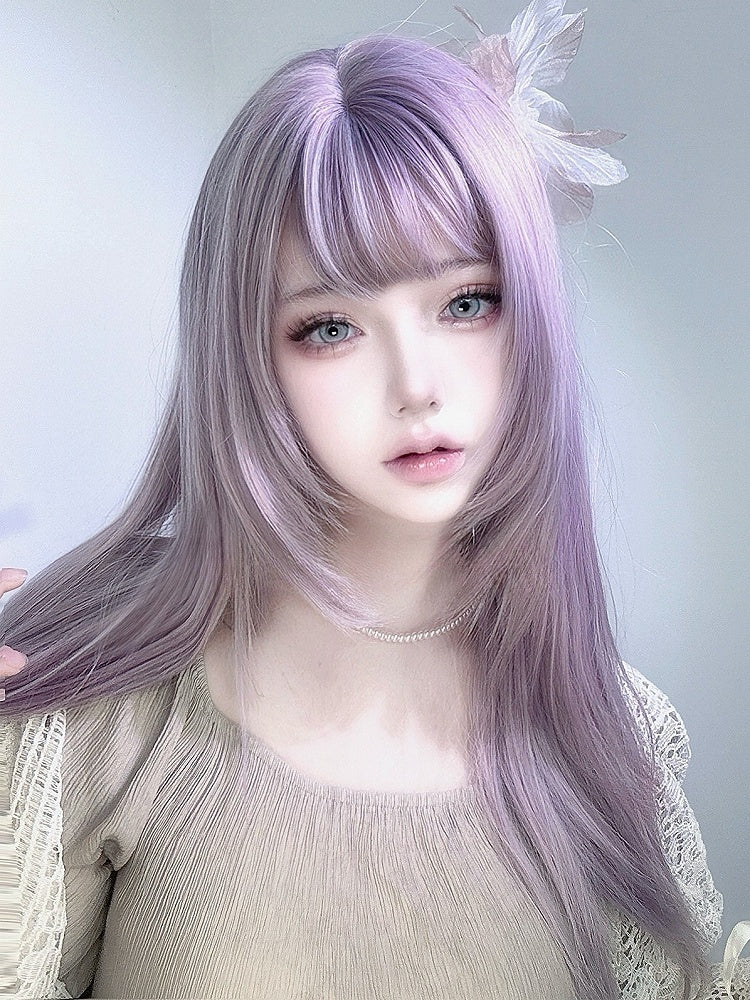 ストレートウィッグ 前髪あり エア付き パープル 65cm