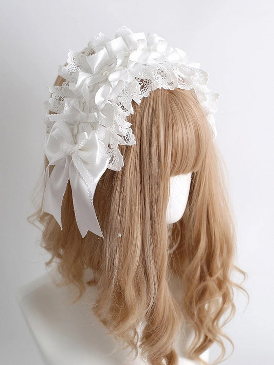 Layered Bow Flower with Lace White Satin Hairband Accents