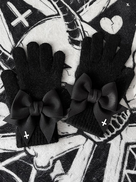 Bowknot Pads Details Gloves Print Cutout at Black White Cross Finger Gothic With