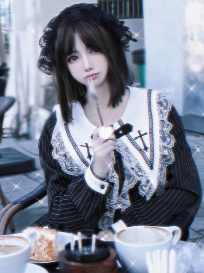 ブラック/ホワイト ジライケイ 十字リボン ちょう結び レーストリム ヘアバンド