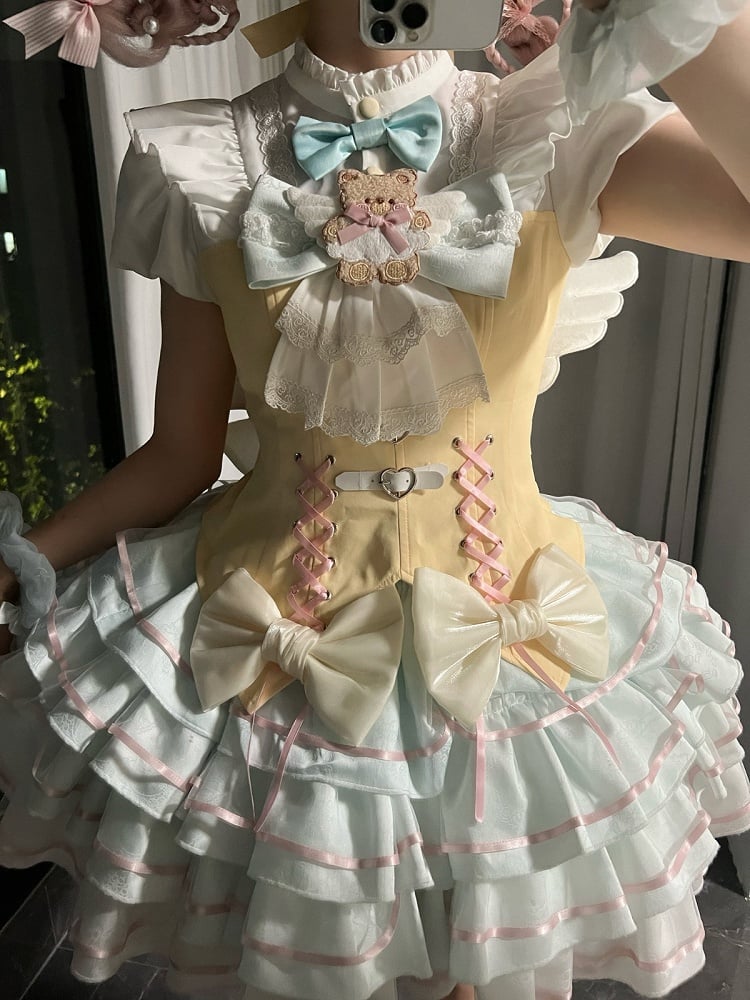 Bear Angel Lolita Full Set: Short-Sleeve Top, Ruffle Skirt, Wings & Bow - Sweet Dream Box