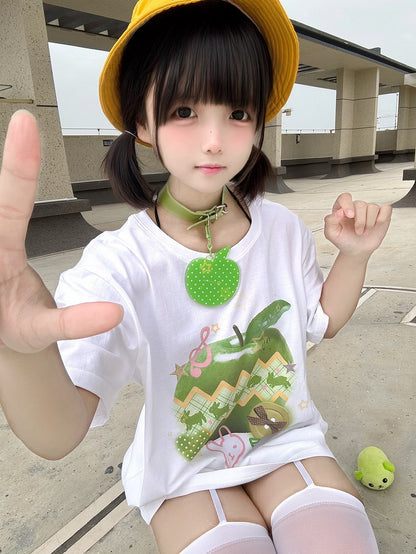 Green Apple Print White Round Neck Cotton T-Shirt Apple Choker Free with