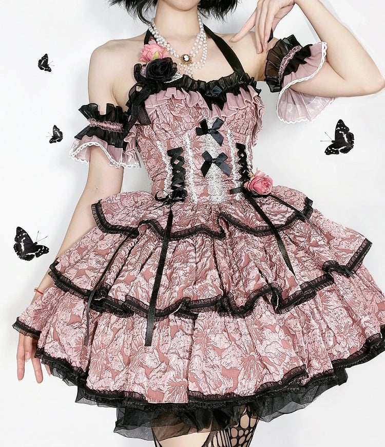 Lolita JSK with and Pink Texture Floral Dark Dress Black Skirt Multi-Layered