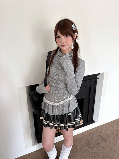 with Dots Ruffle Gray Polka Long T-Shirt Sleeve Neck Trim Lace