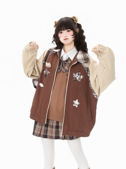 Collar Cat Brown/Pink Color-Block Embroidered with Jacket Plaid and