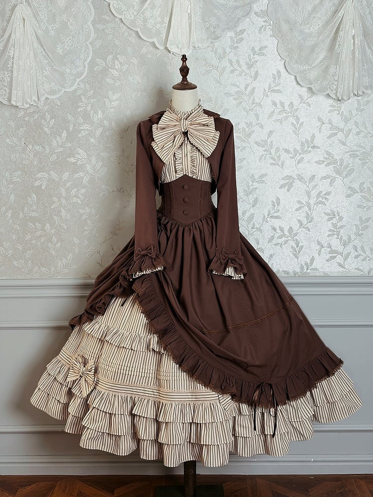 Elegant Bolero Classic Hat + Brown Badge Set Top Lolita Blouse Boned Striped Skirt Full