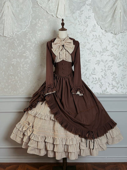 Elegant Bolero Classic Hat + Brown Badge Set Top Lolita Blouse Boned Striped Skirt Full