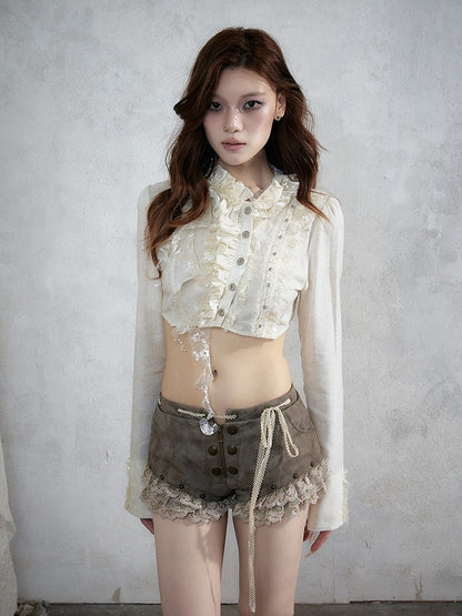 Khaki Faux Leather Shorts with Lace Trimmed Hems - NO ROMANCE