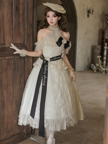 Beige Halter Neck Floral Embroidery Elegant Classic Lolita Dress with Bow - Unknown Star