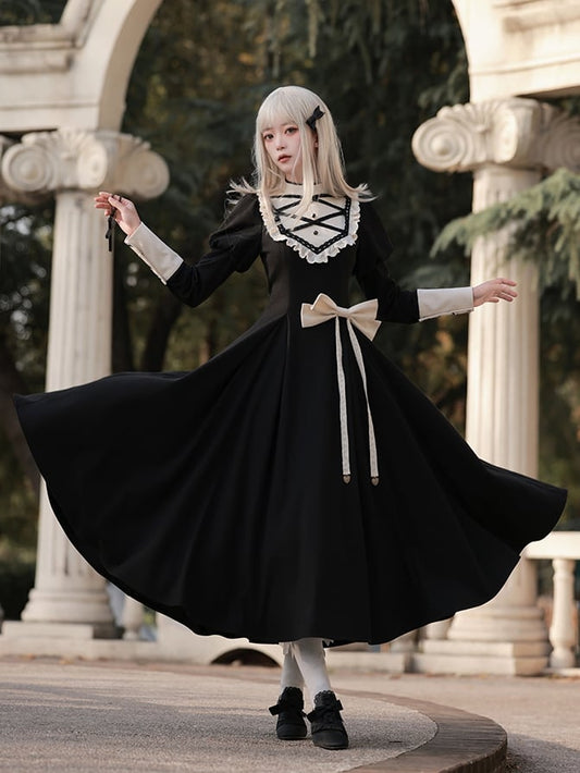 Schwarzes elegantes Juliette-Ärmelkleid Nonne Lolita Langarm Einteiler