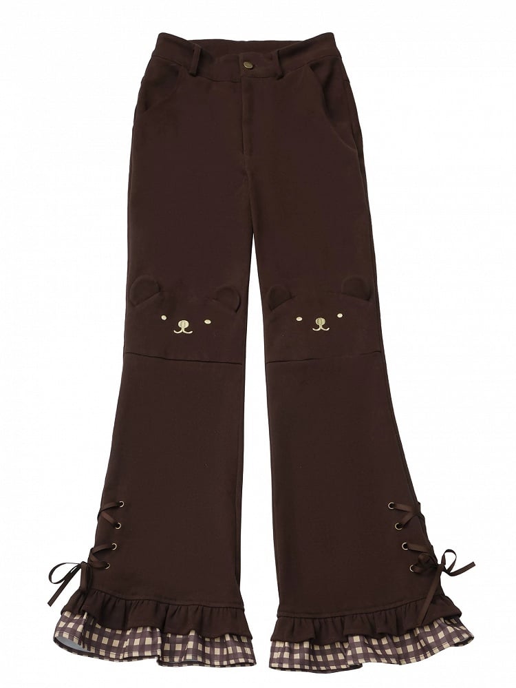 Silhouette Design Brown Details Bear - Pants Hem Lace-Up Flare Motif Tiered with