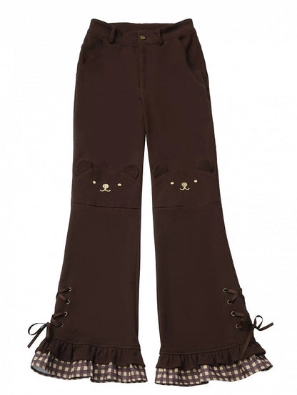 Silhouette Design Brown Details Bear - Pants Hem Lace-Up Flare Motif Tiered with