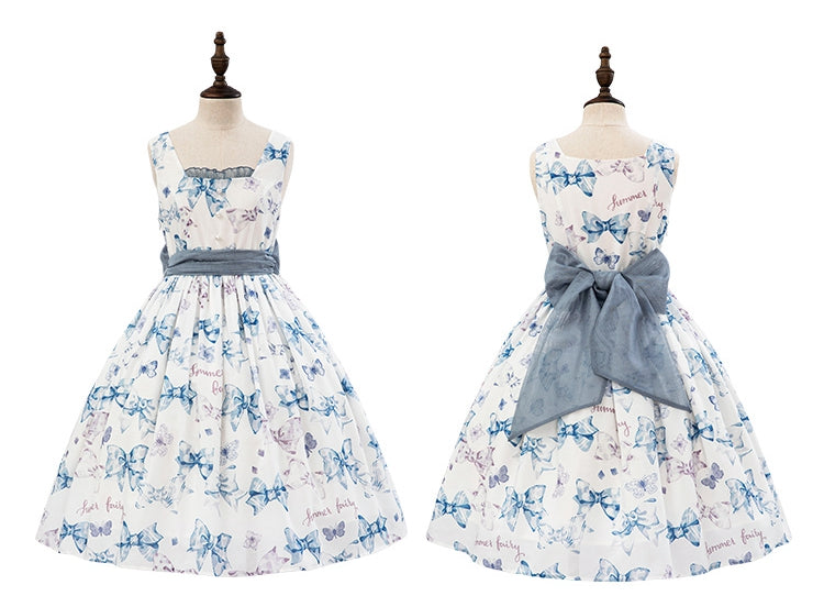 Sweet Bowknots Print Blue High Waist Retao Lolita Dress
