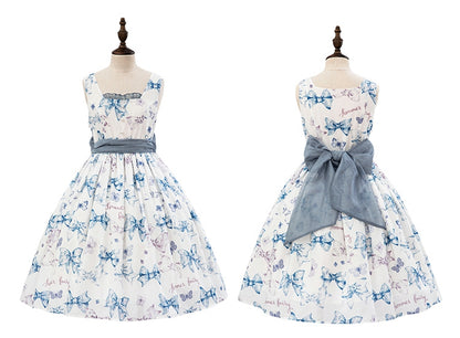 Sweet Bowknots Print Blue High Waist Retao Lolita Dress