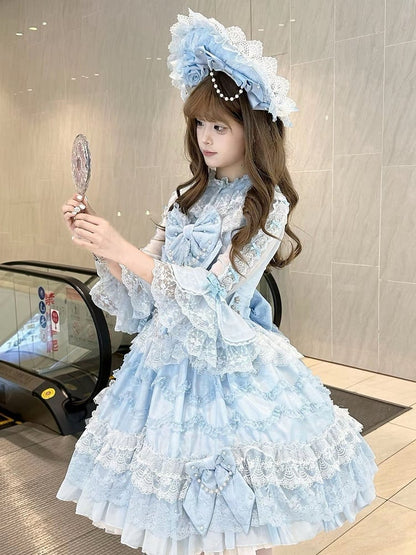 フリル付きロリータ 7分袖 リボン付きシャツ ネックライン ブルー Sサイズ