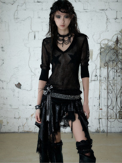 Black Star Pattern V-Neck Knit Top Hollow Out Punk - NO ROMANCE