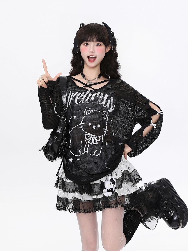 Black/White Semi-Sheer Knit Top with Cutout Sleeves and Cute Cat Print